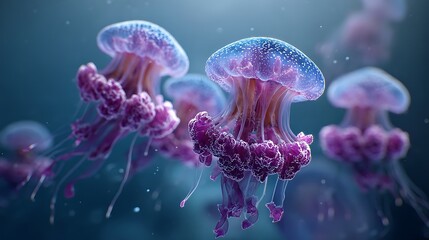 Obraz premium Glowing jellyfish swim calmly in blueish water