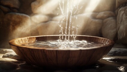 Water cascading into wooden bowl