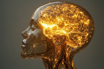 Transparent head profile, brain glowing 
