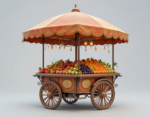 A fruit cart with a large umbrella over it
