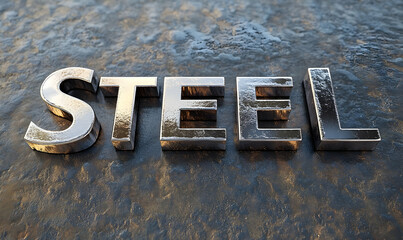 Chrome-plated word "Steel" rendered in 3D, rests on a dark, metallic, textured surface.  The lighting suggests a reflective quality