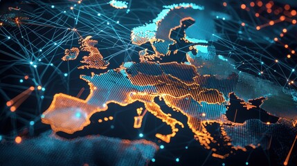 Abstract Digital Map of Europe in High Fidelity with Network Connections and Bright Colors