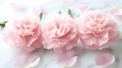Three delicate pink carnations arranged on a marble background, petals scattered around. Perfect for Mother's Day, wedding, or feminine themes.