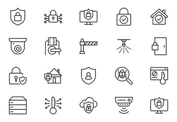 Security line icons set. Guard, cyber security, password, smart home, safety, data protection, key, shield, lock, unlock, eye access. Vector illustration.