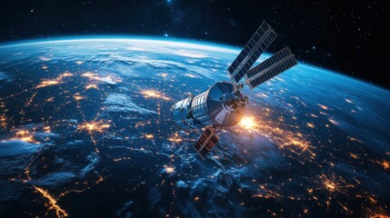 satellite orbiting earth capturing the beauty of urban illumination and atmospheric glow against a backdrop of cosmic darkness and celestial expanse and modern technology