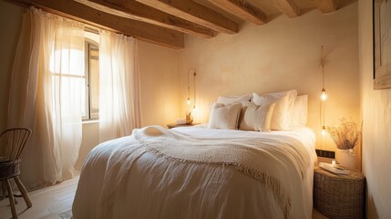 A rustic bedroom interior, showcasing warm lighting and natural elements.