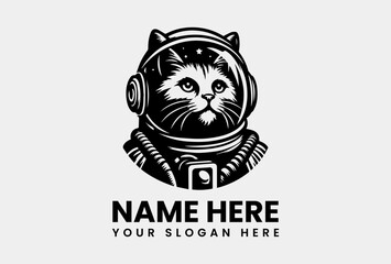 Stylized Astronaut Cat Vector Logo Graphic. Cute Space Animal Design