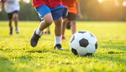 Obraz premium Children playing football on sunny field, showcasing joy and energy as they run towards ball. vibrant colors of their clothing add to lively atmosphere of game