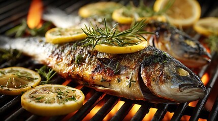 Grilled fish with lemon and herbs on a grill