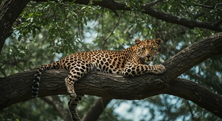 Leopard resting on tree branch