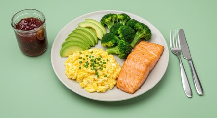 Healthy meal with salmon mashed potatoes avocado and broccoli