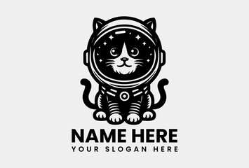 Monochrome Space Cat Vector Logo Illustration. Minimalist Animal Art
