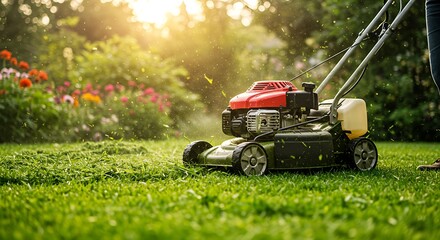 A person is mowing a green lawn using a green and black lawnmower, with a garden in the background and sunlight creating a lens flare, highlighting lawn care