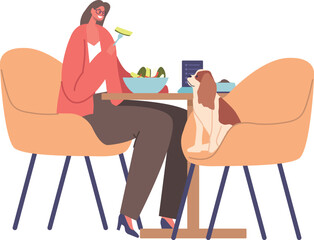 Woman eating with dog vector illustration