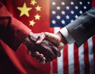 hands of businessmen shaking with china and usa flag in the background
