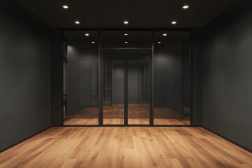 Modern empty office space with dark walls, glass partitions, and wooden floor