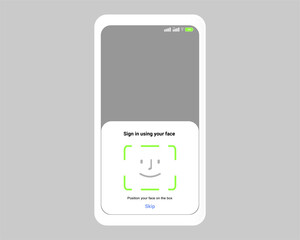 Vector illustration of face recognition login screen UI for mobile app with smiling face icon and camera frame