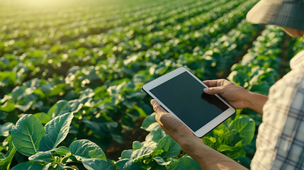 Innovative agronomist using tablet in lush green field, showcasing modern farming techniques and technology for sustainable agriculture