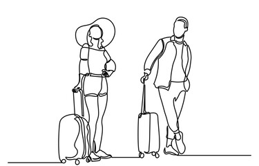 Continuous line drawing of a couple carrying a suitcase.Single-line man and woman travels and ready to board and begin their vacation.travel and vacation concept vector illustration.