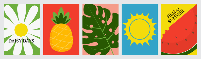 Set of summer bright posters. Chamomile, pineapple, monstera, sun, watermelon. Vector illustration.