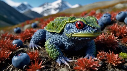 Obraz premium Realistic Blueberry-Skinned Kappa in Alpine Tundra – Vivid Fantasy Painting with Detailed Creature Design and Rugged Snowy Landscape