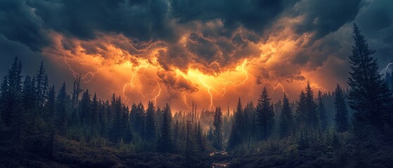 Fototapeta premium dramatic thunderstorm over a dense forest where ancient trees sway violently, and lightning streaks across the sky, Generative AI