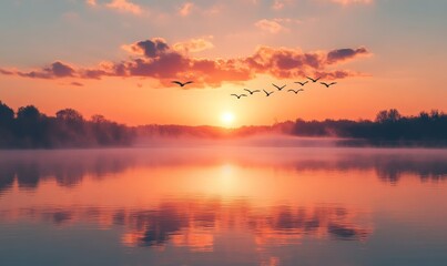 Fototapeta premium serene sunrise over a calm lake with mist rising from the water and birds flying in formation overhead, Generative AI