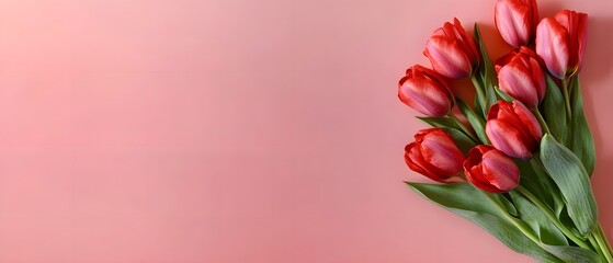 Red tulip bouquet on pink banner, copy space.