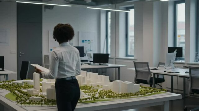 African Female Architect Analyzing Urban Model in Modern Office during Daytime, Engaged in Architectural Planning and Design Discussions