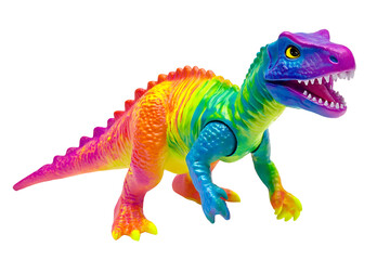 Colorful Dinosaur Toy Roaring on White or Transparent Backdrop in Studio Setting