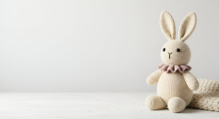 Obraz premium Beige knitted rabbit toy with a pink ruffle collar seated on a white wooden surface. Adorable stuffed animal ready for children's room decor or advertising.