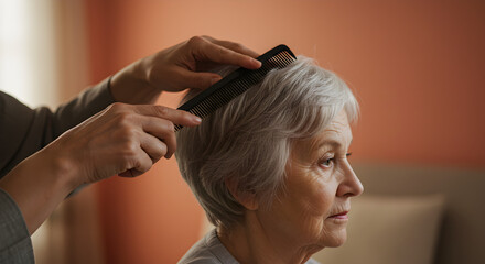 Naklejka premium Gentle Caregiver Combing Silver Hair of Serene Elderly Woman in Soft Ambient Light Using a 50mm Lens