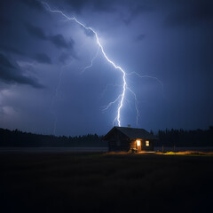 cabin lightning storm stormy night scene with a lit cabin in a field