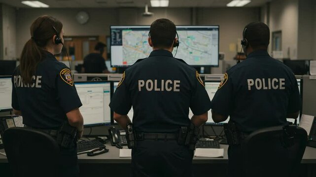 Three Police Officers Monitoring Operations in a Modern Dispatch Center with Multiple Screens Displaying Maps and Data, Engaged in Communication and Coordination