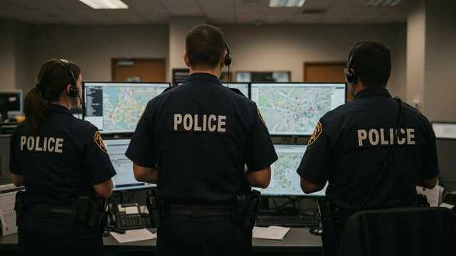Three Uniformed Male Officers Working Together in a Police Dispatch Center, Using Headsets in Front of Multiple Computer Screens Displaying Maps and Alerts