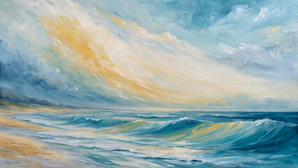 Fototapeta premium Serene Coastal Sunrise Painting, capturing a tranquil beach scene.