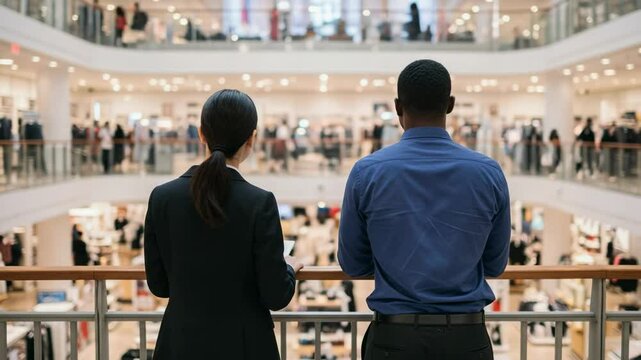 Young Asian Woman in Business Suit and Young Black Man in Dress Shirt Observe Busy Shopping Mall from Mezzanine Level, Engaged in Conversation and Networking
