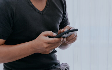 Man hands typing on mobile phone internet for social media, email notification and connection for search. Male person, fingers and mobile for chat app in close up shot, message and online meet up.