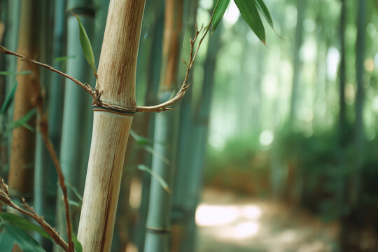 Close-up of a bamboo stalk with leaves in a bamboo forest - Powered by Adobe