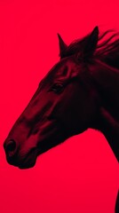 Stylized black horse head silhouette against vibrant red backdrop, capturing elegance and mystery in bold contrast and color.