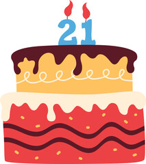 Birthday cake illustration with number candle. Handdrawn, flat style cake for birthday party. Vector isolated.