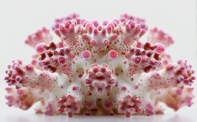 Exploring intricate structures of coral with red dotted lines against a soft pink background and natural illumination