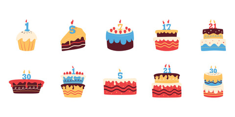 Birthday cake illustration with number candle. Handdrawn, flat style cake for birthday party. Vector isolated.