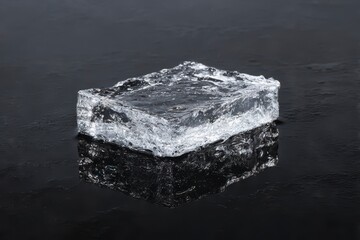 Naklejka premium Piece of clear ice on black mirror surface