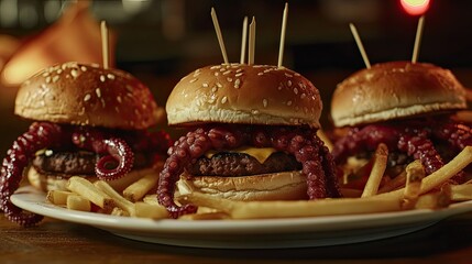 A white platter holds three small sandwiches on the right, each topped with a skewer.