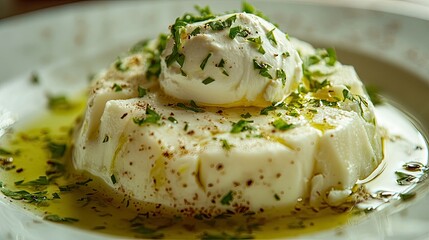 A close-up of a fresh salad featuring a generous ball of creamy burrata cheese drizzled with olive oil, nestled among vibrant greens, including various types of lettuce.