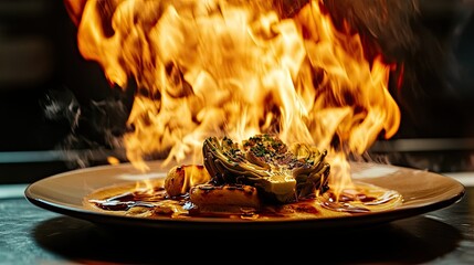 A beautifully plated dish featuring a dome of intricately shaped, toasted meringue or pastry, sitting atop a glossy, caramelized sauce.