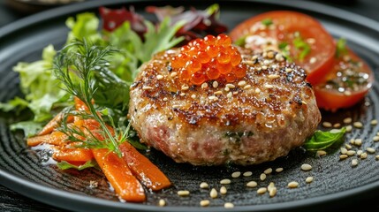 A close-up of a white plate featuring slices of seared tuna, crusted with black and white sesame seeds.
