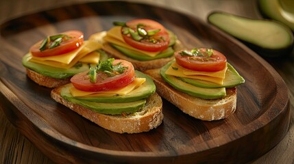 Three slices of toasted bread topped with creamy avocado slices and halved cherry tomatoes are arranged on a wooden platter.