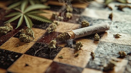 A close-up image of a chessboard surface scattered with cannabis buds and ground marijuana.